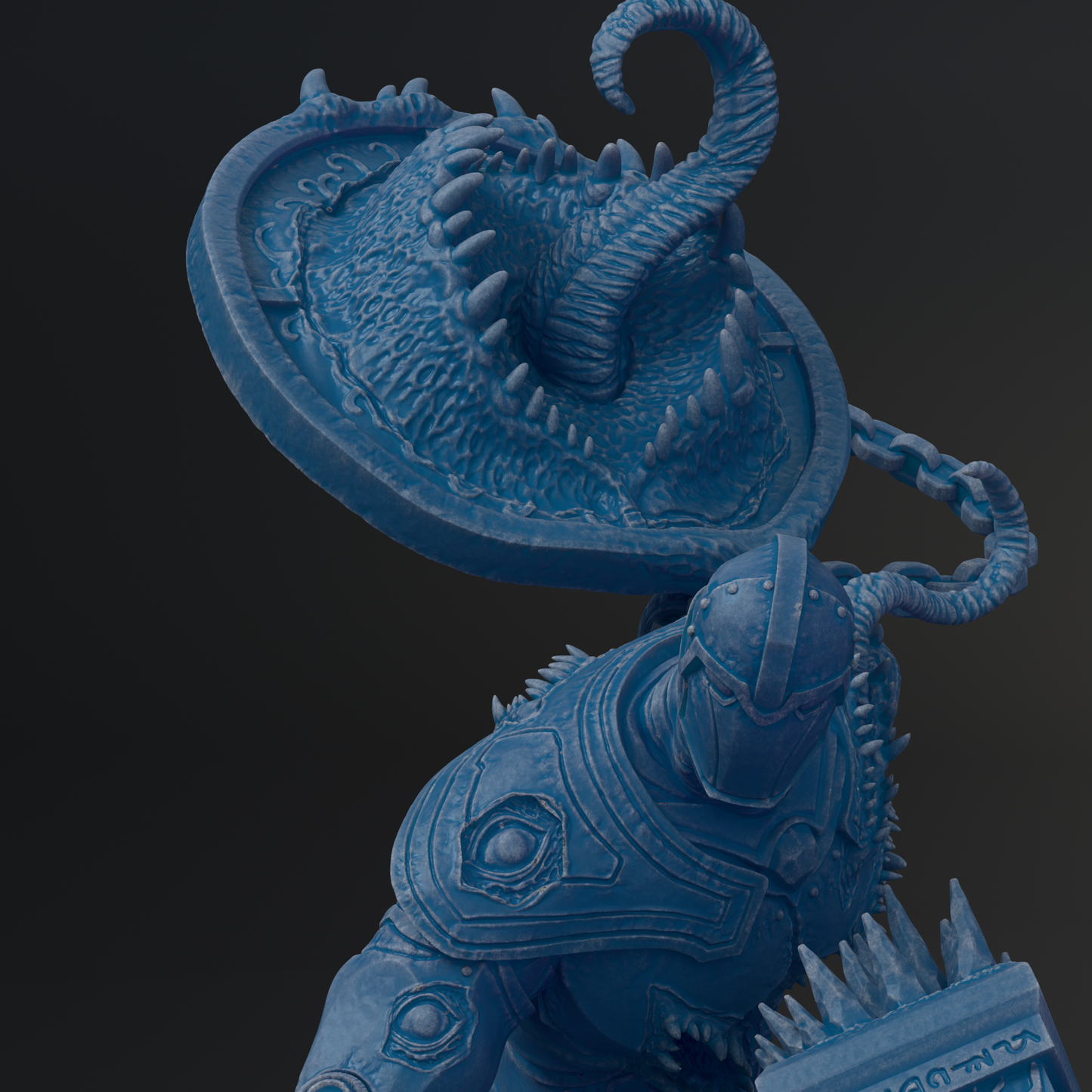 A detailed 3D rendering of a blue armored figure with a large, menacing-looking creature on top of it, set against a dark background.