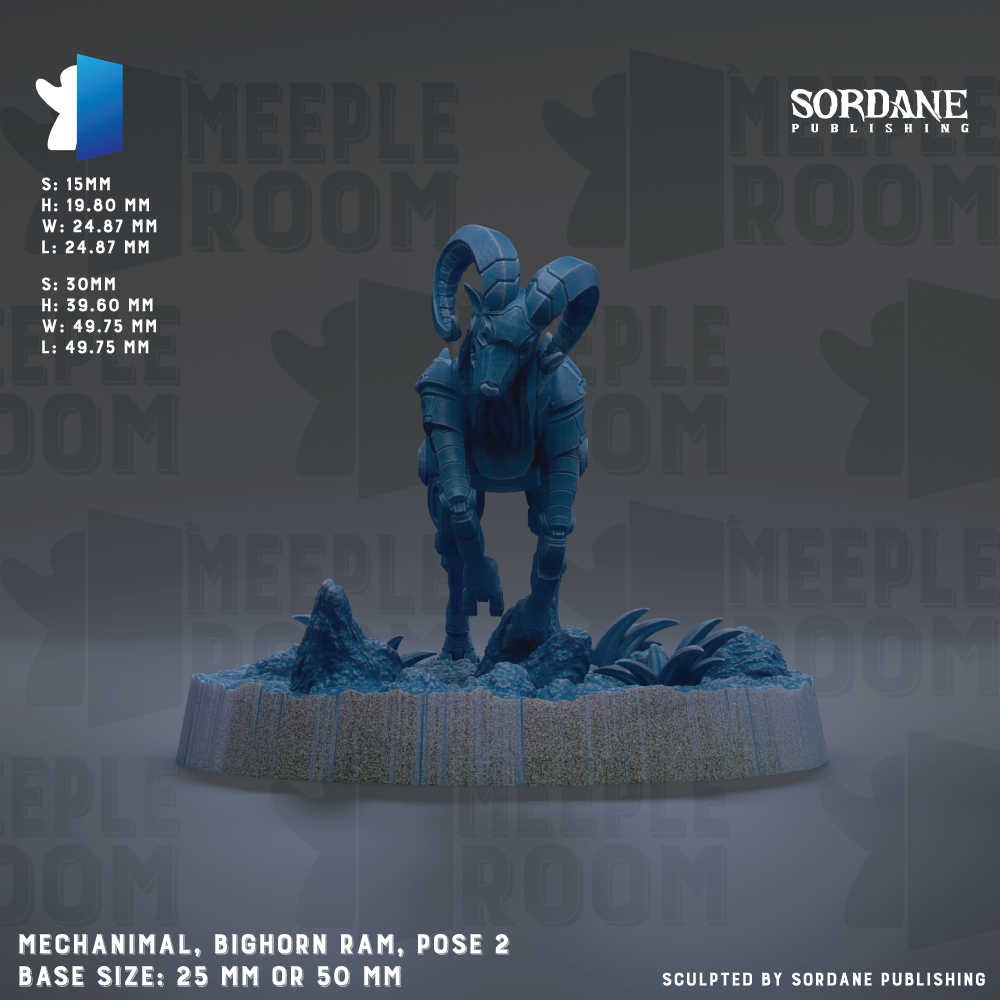 a mechanical bighorn ram posed on a base, with the base size being either 25mm or 50mm.