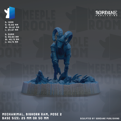 a mechanical bighorn ram posed on a base, with the base size being either 25mm or 50mm.