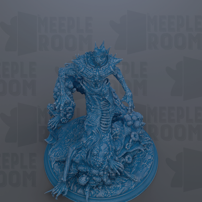 A 3D rendering of a blue, fantastical creature with sharp teeth and claws, standing on a platform and appearing to be in a fighting stance.