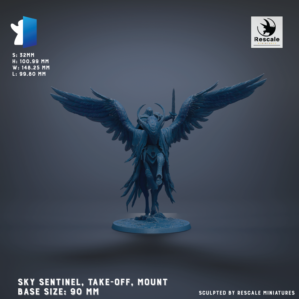 A detailed 3D model of a winged figure, likely a deity or angel, with a sword in hand, standing on a pedestal. The figure is depicted in a dynamic pose, with its wings spread wide. The image is described as a "SKY SENTINEL, TAKE-OFF, MOUNT" and is shown in a 3D rendering, with the base sizes being 90 mm. The image is described as being "Sculpted by RESCALE MINIATURES".