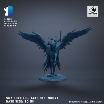 A detailed 3D model of a winged figure, likely a deity or angel, with a sword in hand, standing on a pedestal. The figure is depicted in a dynamic pose, with its wings spread wide. The image is described as a "SKY SENTINEL, TAKE-OFF, MOUNT" and is shown in a 3D rendering, with the base sizes being 90 mm. The image is described as being "Sculpted by RESCALE MINIATURES".