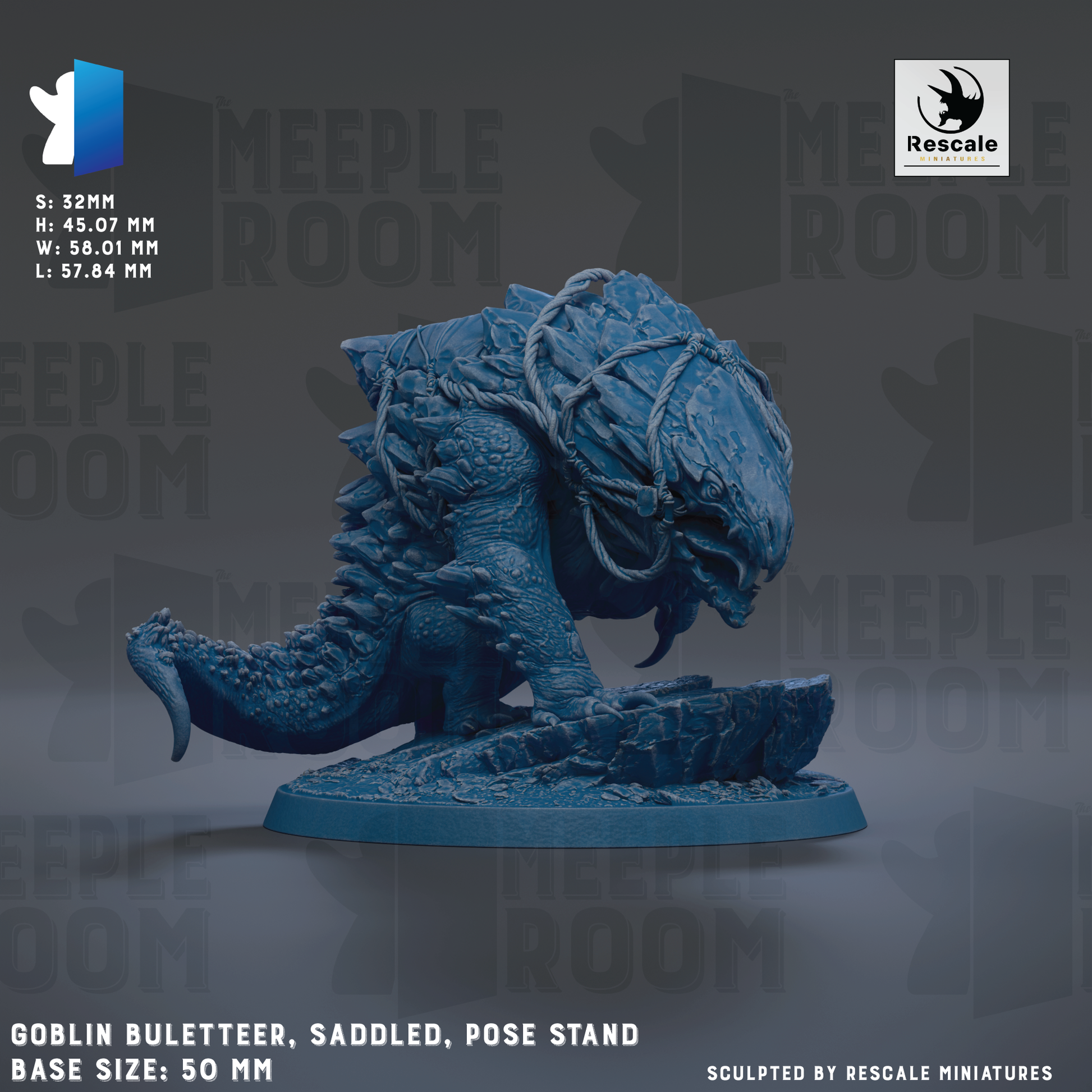 a detailed blue figurine of a fantastical creature, likely a dragon or serpent, with intricate scales and a curled tail. The figurine is positioned on a base that is 50 millimeters in diameter. The background of the image is a dark gray color, which contrasts with the blue of the figurine and makes it stand out. The image is a collage of multiple images, and the text "GOBlin Bulleteer, Saddled, Pose Stand" is visible, indicating that this is a figurine of a fantastical creature.
