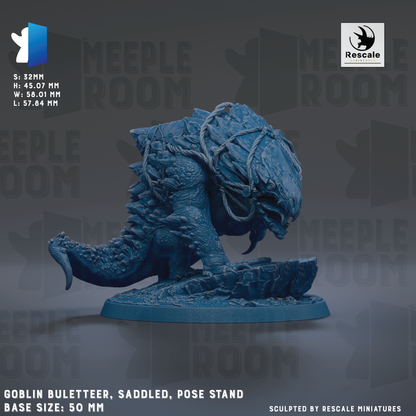 a detailed blue figurine of a fantastical creature, likely a dragon or serpent, with intricate scales and a curled tail. The figurine is positioned on a base that is 50 millimeters in diameter. The background of the image is a dark gray color, which contrasts with the blue of the figurine and makes it stand out. The image is a collage of multiple images, and the text "GOBlin Bulleteer, Saddled, Pose Stand" is visible, indicating that this is a figurine of a fantastical creature.