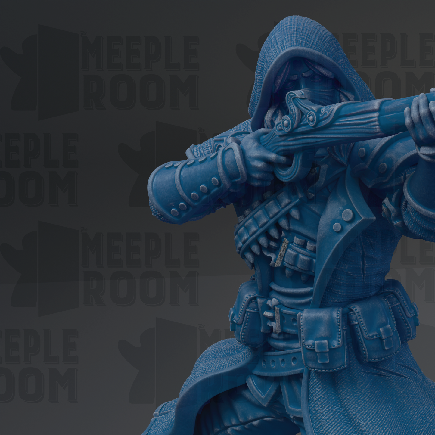 A close-up of a blue, armored figure holding a weapon, with the text "MEEPLE ROOM" repeated in the background.