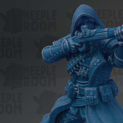 A close-up of a blue, armored figure holding a weapon, with the text "MEEPLE ROOM" repeated in the background.