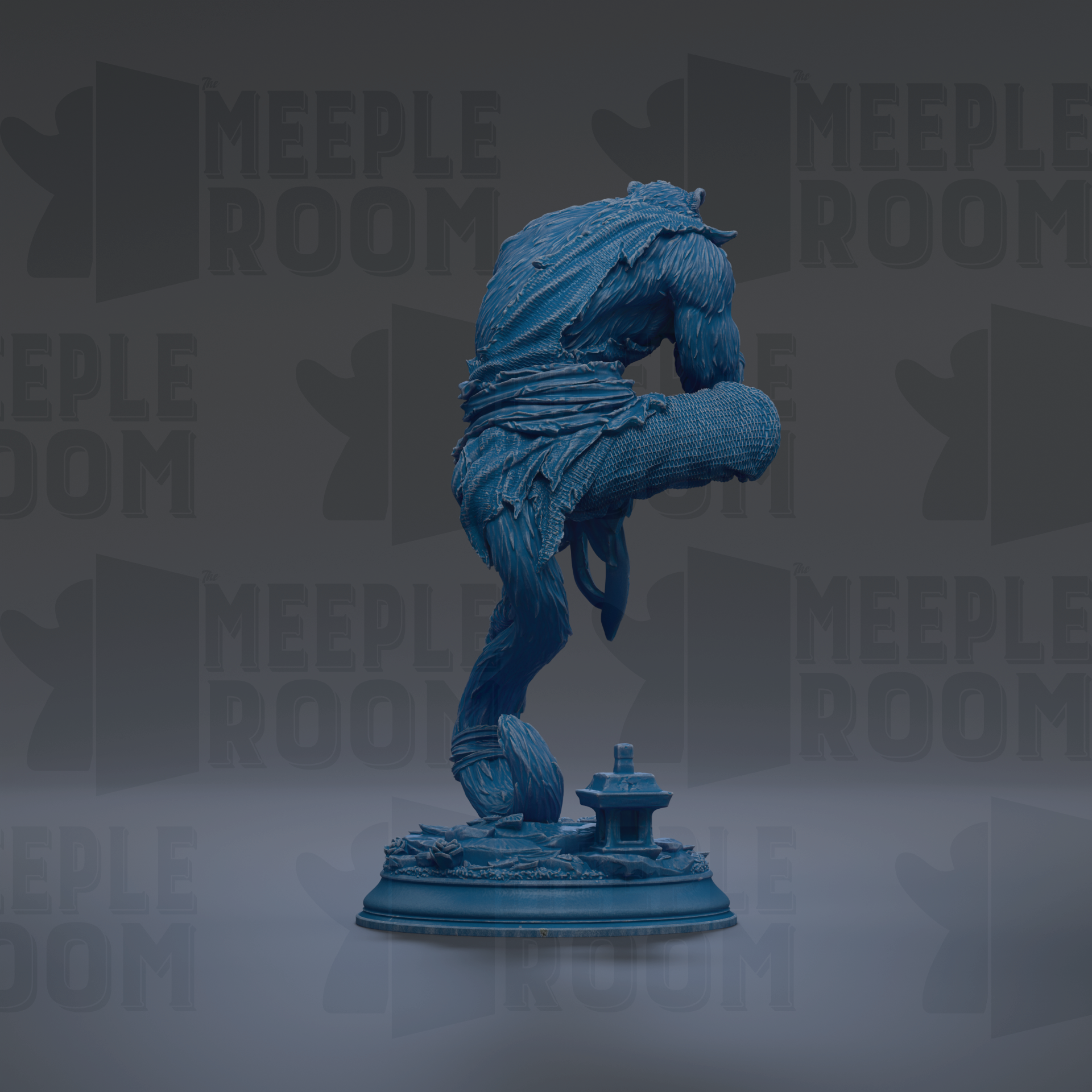 A blue statue of a mythical creature, possibly a dragon or serpent, is shown in a dynamic pose against a dark background with repeated text.