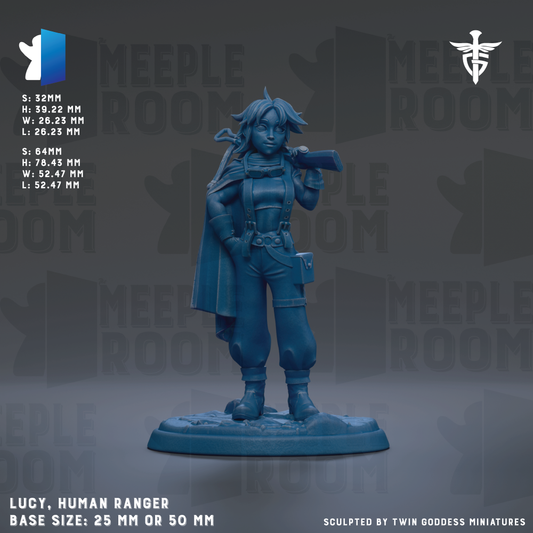The image is a figurine of a human character, specifically a human ranger, with a base size of 25mm or 50mm.