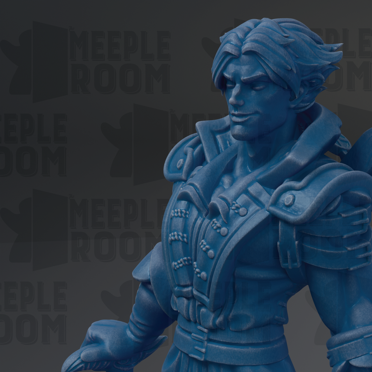 A close-up of a blue, 3D-rendered statue of a man with a serious expression, wearing a detailed, ornate outfit.