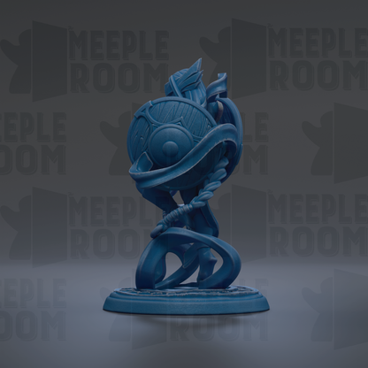 A blue, abstract sculpture with a circular shape and a curved, organic form stands on a base against a dark background with repeated text.
