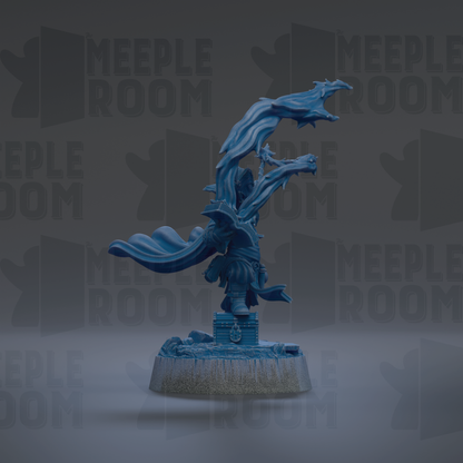 A blue figurine of a dragon-like creature with wings and a flowing cape, standing on a base with a small structure on top.