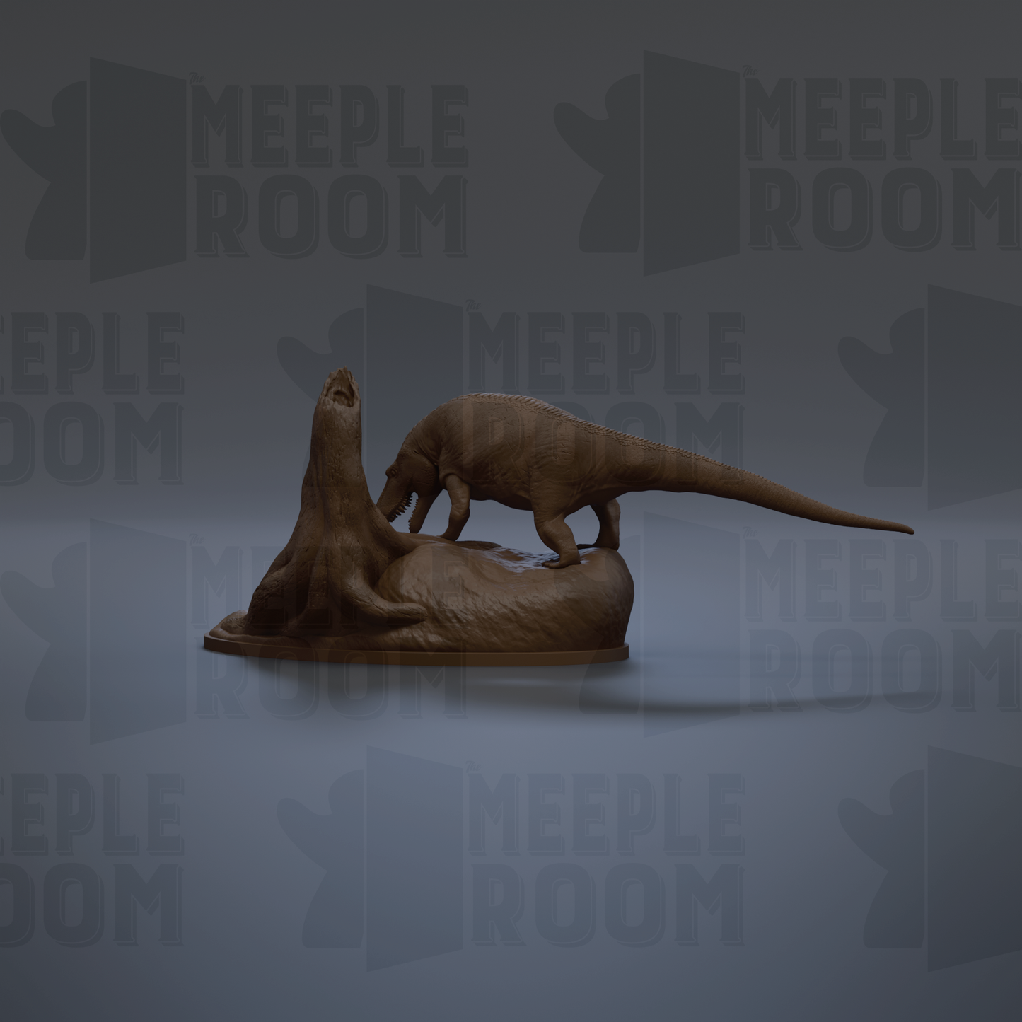 A 3D rendering of a dinosaur-like creature, possibly a meek or meek-like dinosaur, standing on a rock formation. The background is a dark gray color, and there are repeated instances of the word "MEIPLLE ROOM" in the image.