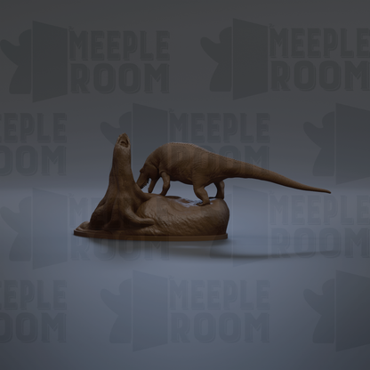 A 3D rendering of a dinosaur-like creature, possibly a meek or meek-like dinosaur, standing on a rock formation. The background is a dark gray color, and there are repeated instances of the word "MEIPLLE ROOM" in the image.