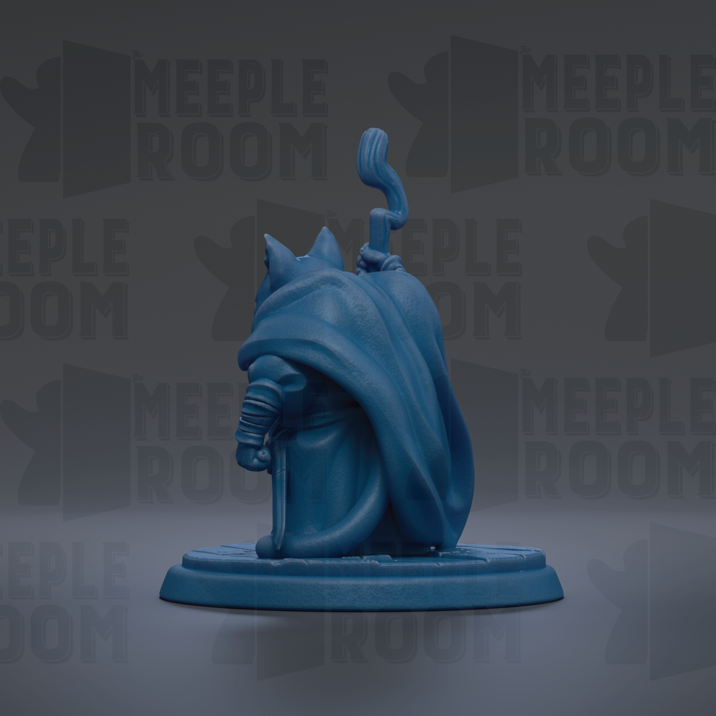 A blue figurine of a cat with a long tail, sitting on a base and holding a staff, against a dark background with repeated text.