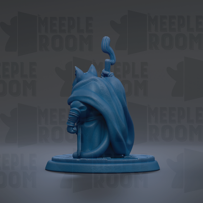 A blue figurine of a cat with a long tail, sitting on a base and holding a staff, against a dark background with repeated text.