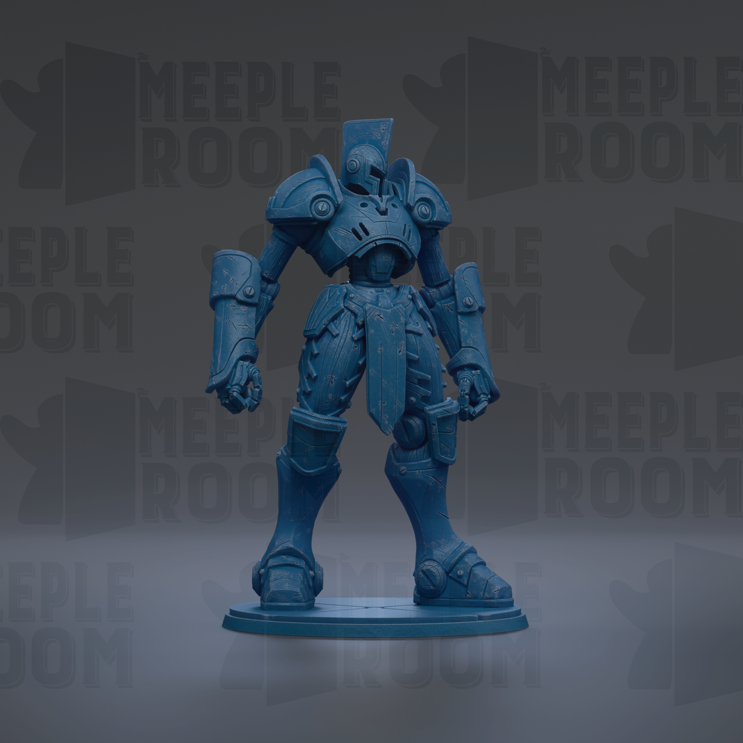 A blue, armored robot figurine stands on a base against a dark background with repeated text.