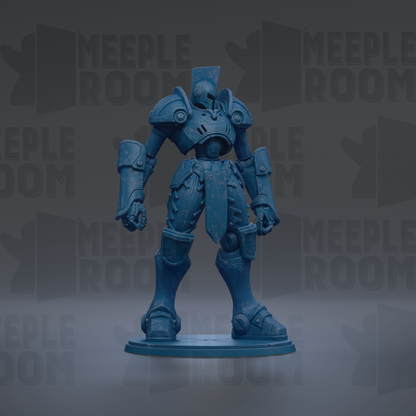 A blue, armored robot figurine stands on a base against a dark background with repeated text.