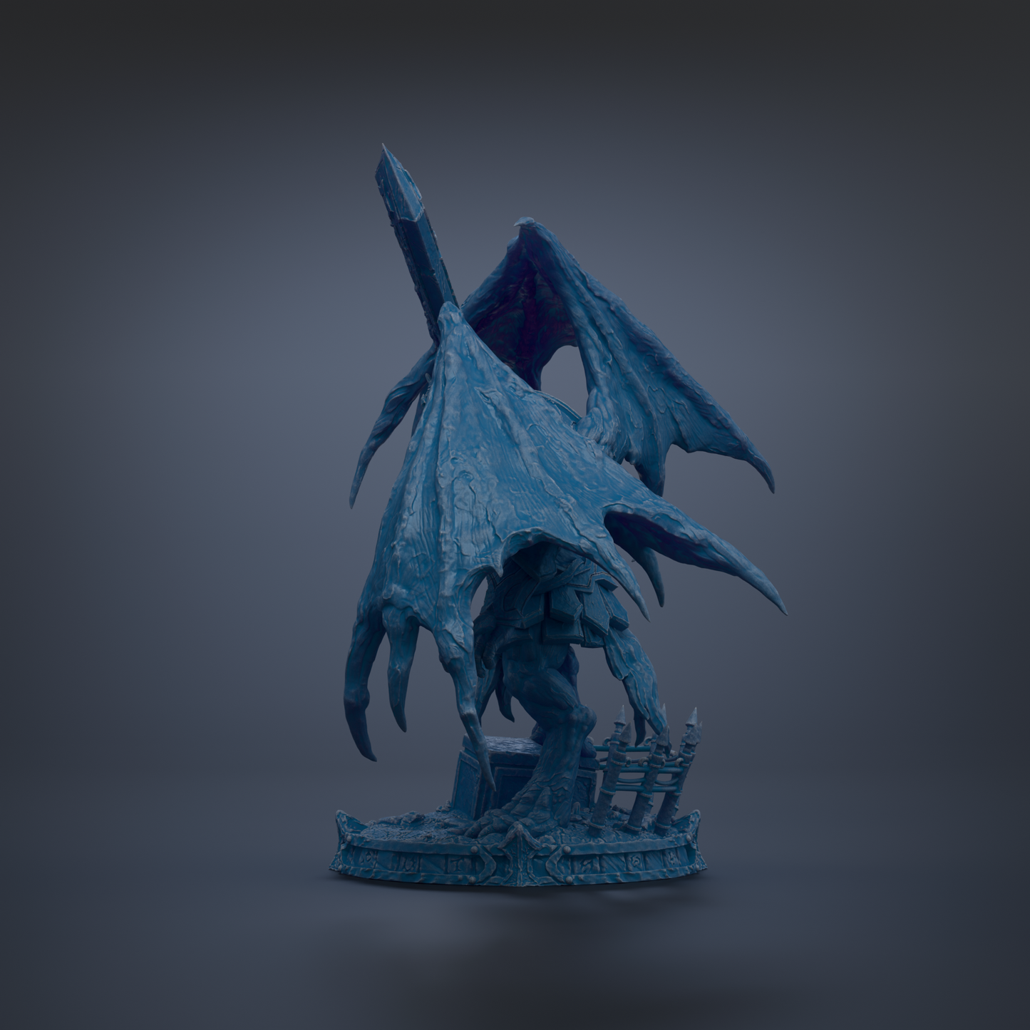 A 3D rendering of a blue dragon statue with wings spread wide, standing on a base with a fence and gate.