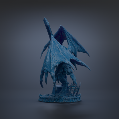 A 3D rendering of a blue dragon statue with wings spread wide, standing on a base with a fence and gate.