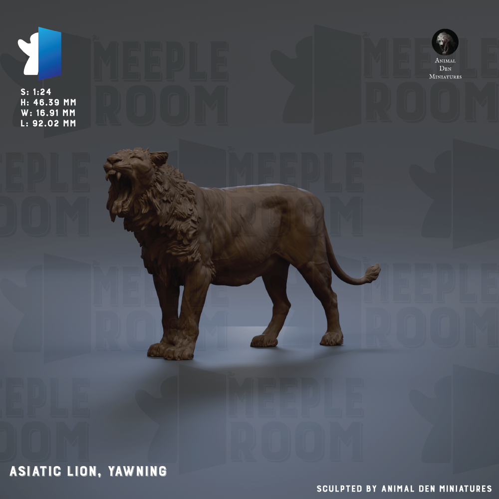 a statue of a lion, with the text "ASIATIC LION, YAWNING" and "Sculpted by Animal Den miniatures" at the bottom.