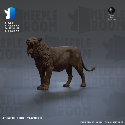 a statue of a lion, with the text "ASIATIC LION, YAWNING" and "Sculpted by Animal Den miniatures" at the bottom.