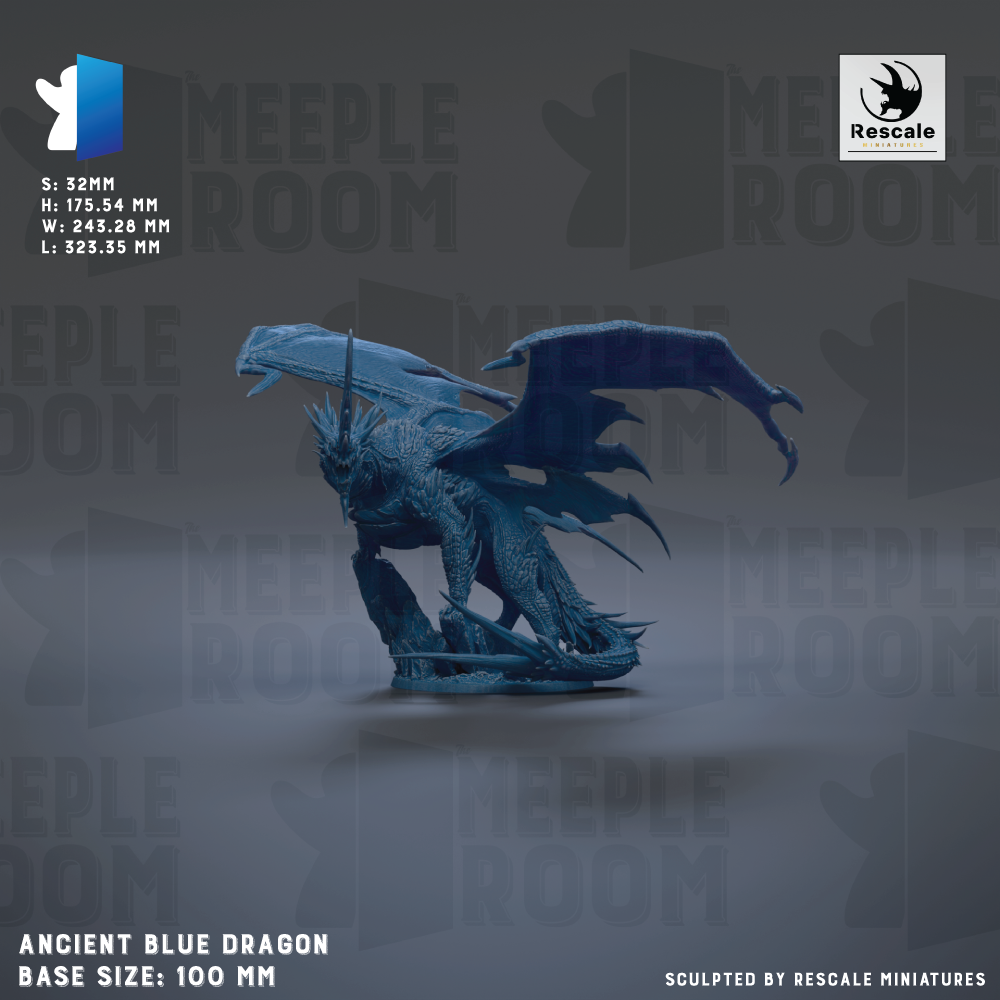 The image is a 3D rendering of a blue dragon statue, with the dragon's wings spread wide and its body oriented towards the right side of the image. The background is a dark gray color, and the image contains text that provides information about the statue, including its base size and the fact that it was sculpted by Rescale miniatures.