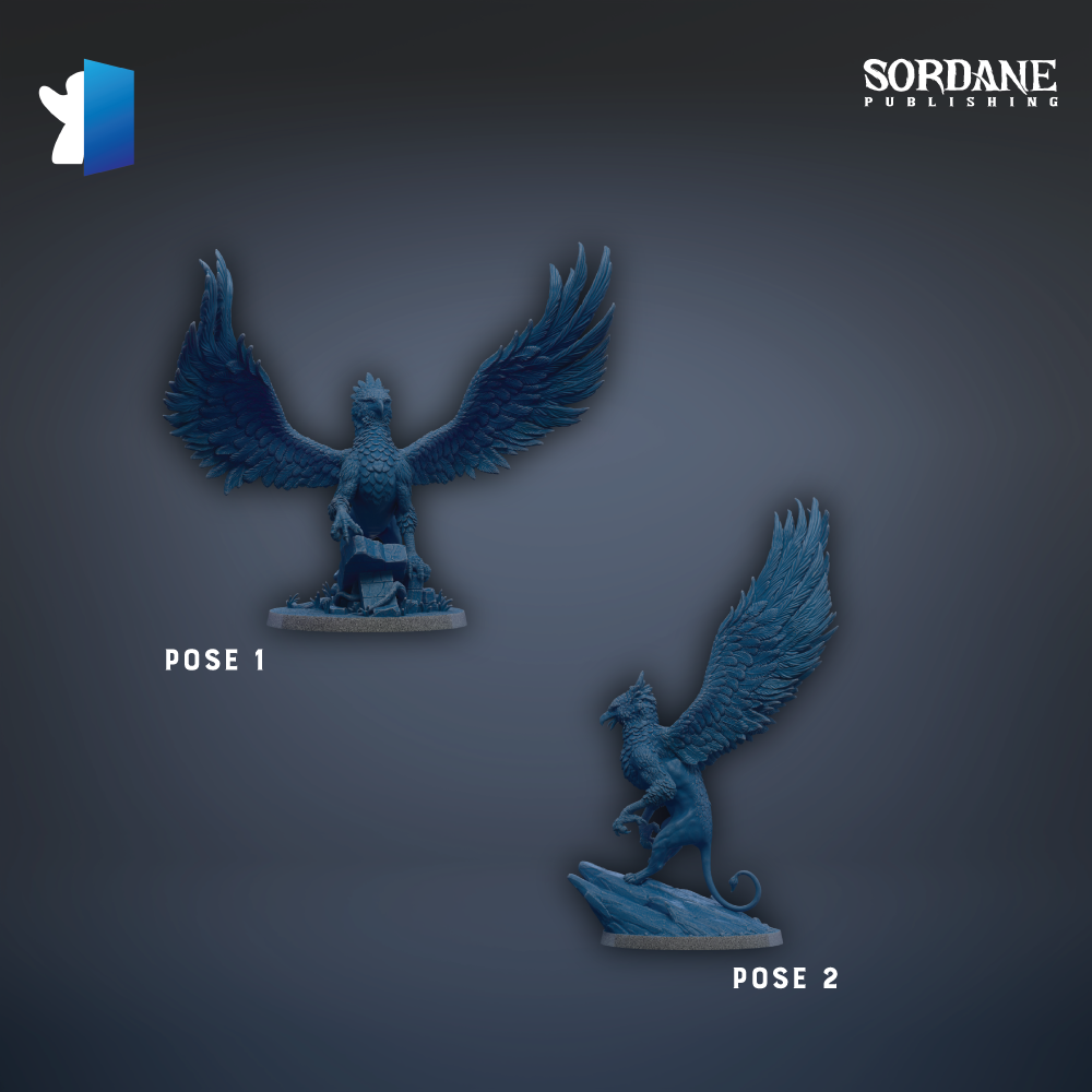 two blue statues of winged creatures, possibly mythical or fantastical, with wings spread wide.