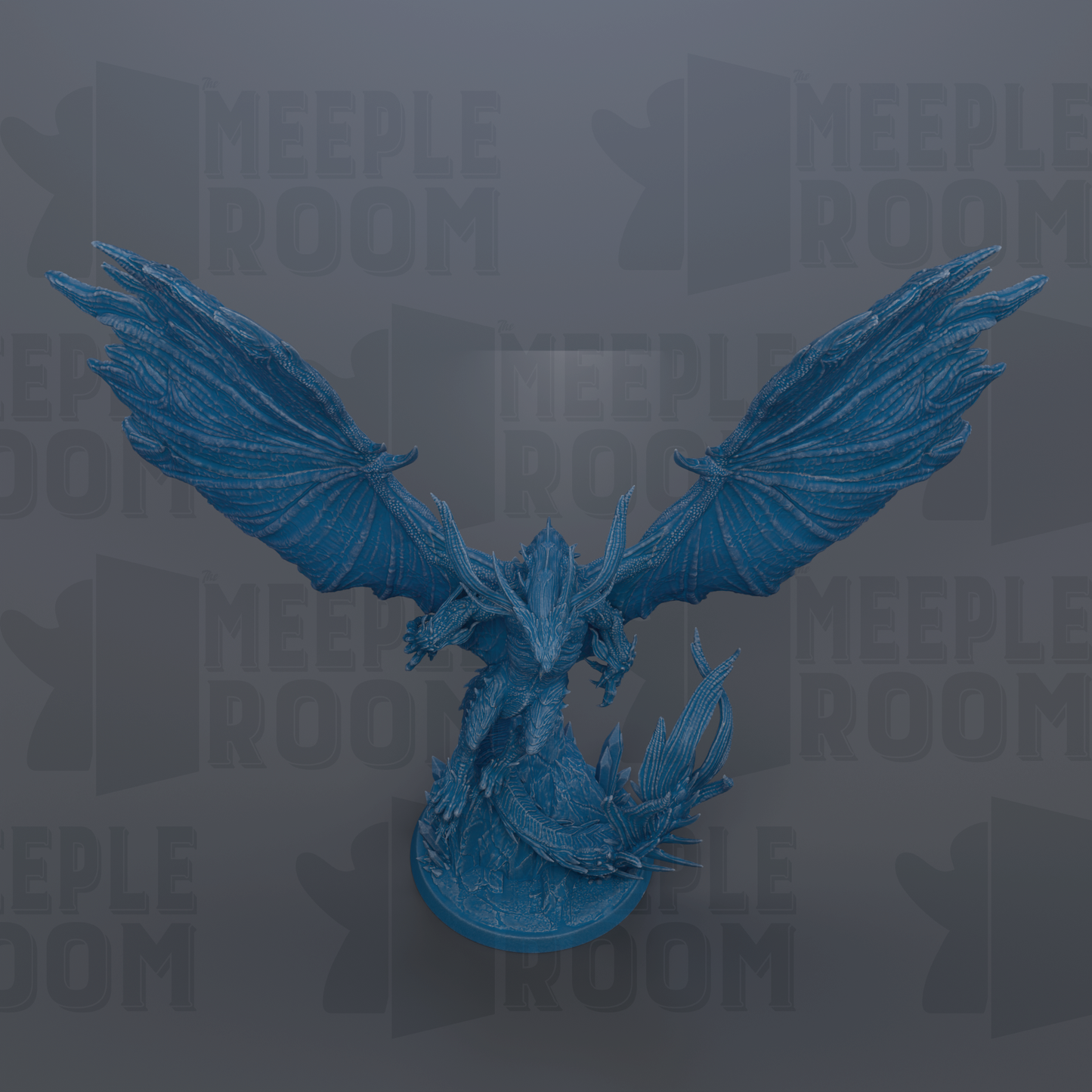 A blue dragon figurine with outstretched wings is prominently featured against a dark background with repeated text.