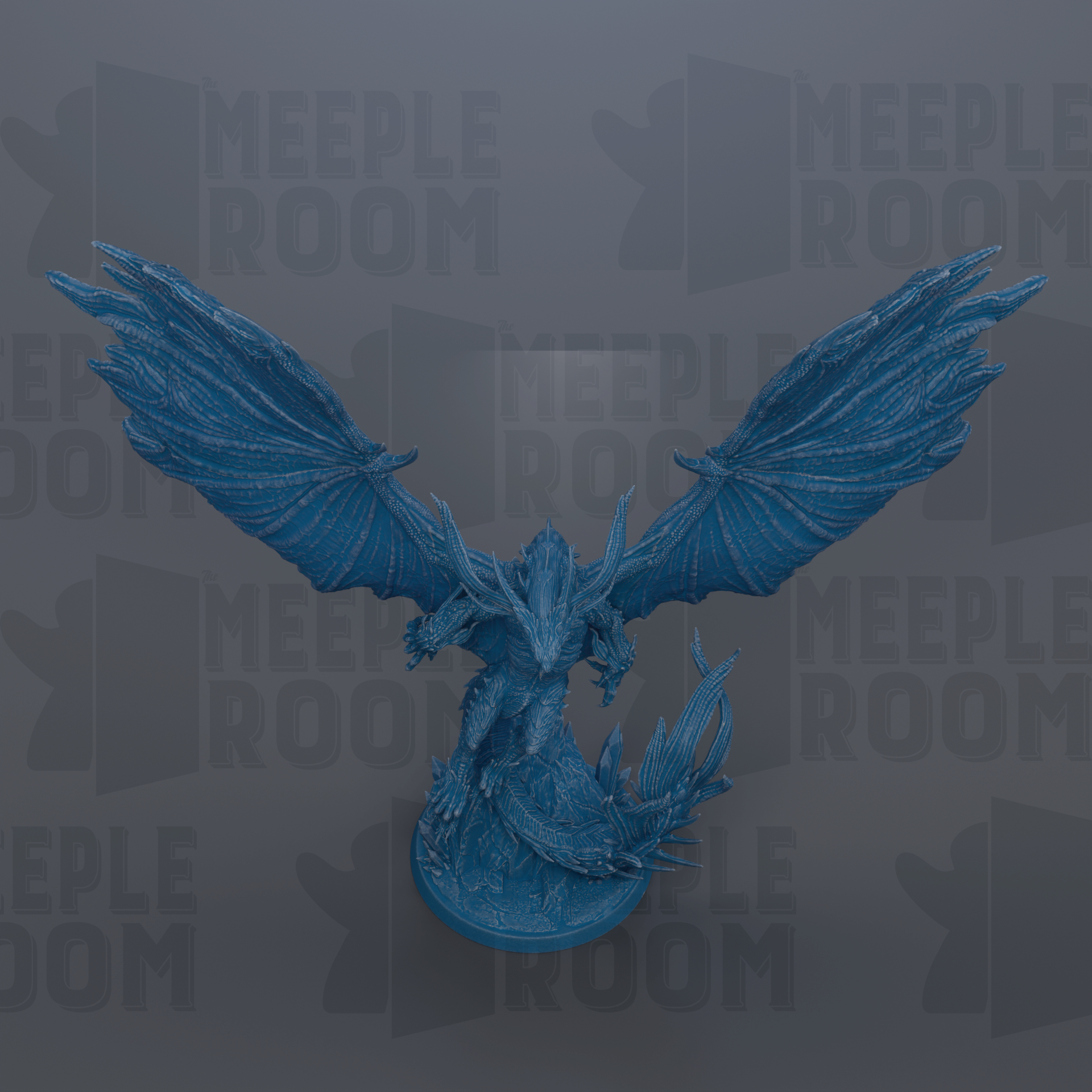 A blue dragon figurine with outstretched wings is prominently featured against a dark background with repeated text.