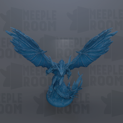 A blue dragon figurine with outstretched wings is prominently featured against a dark background with repeated text.