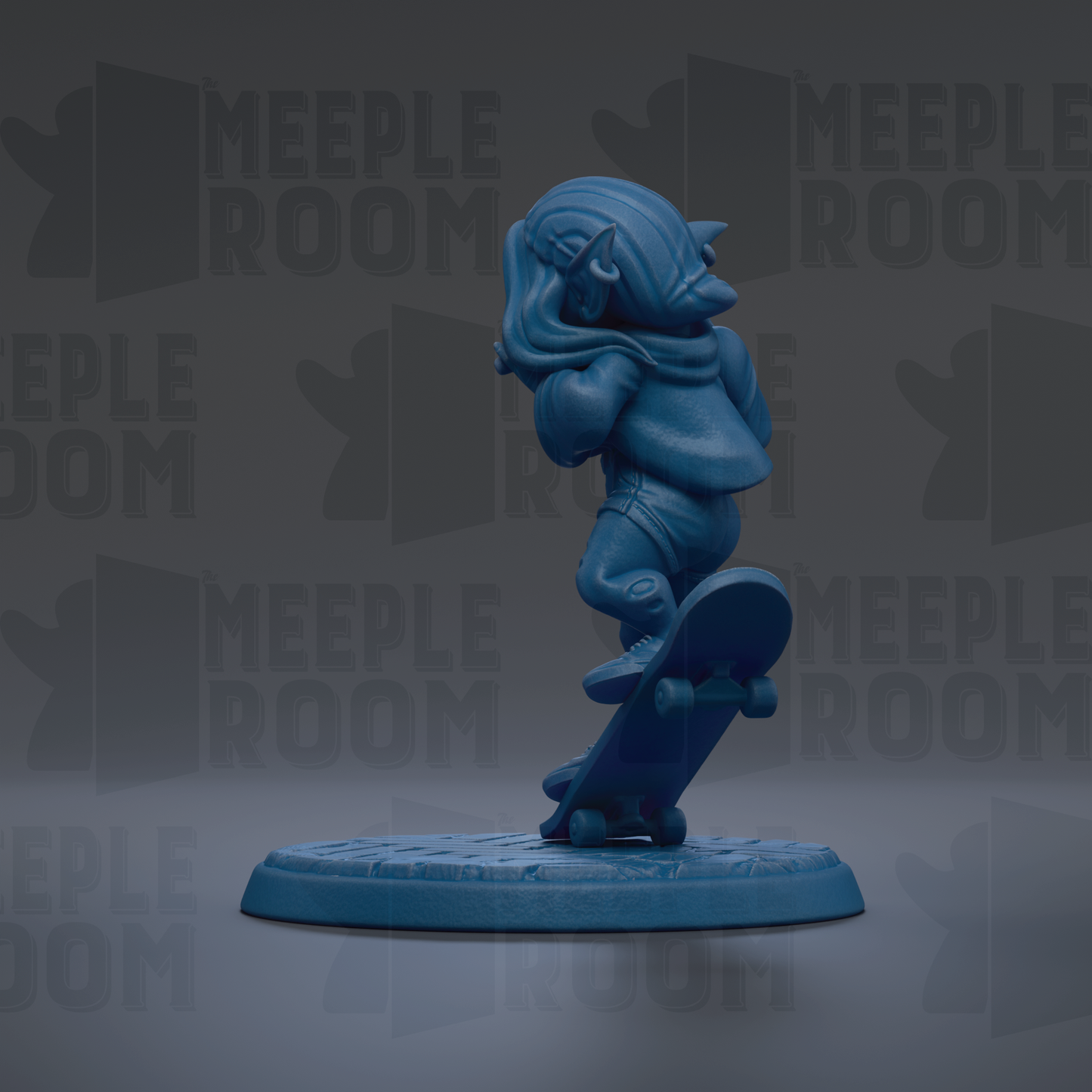 A blue figurine of a person riding a skateboard is displayed against a dark background with repeated text.