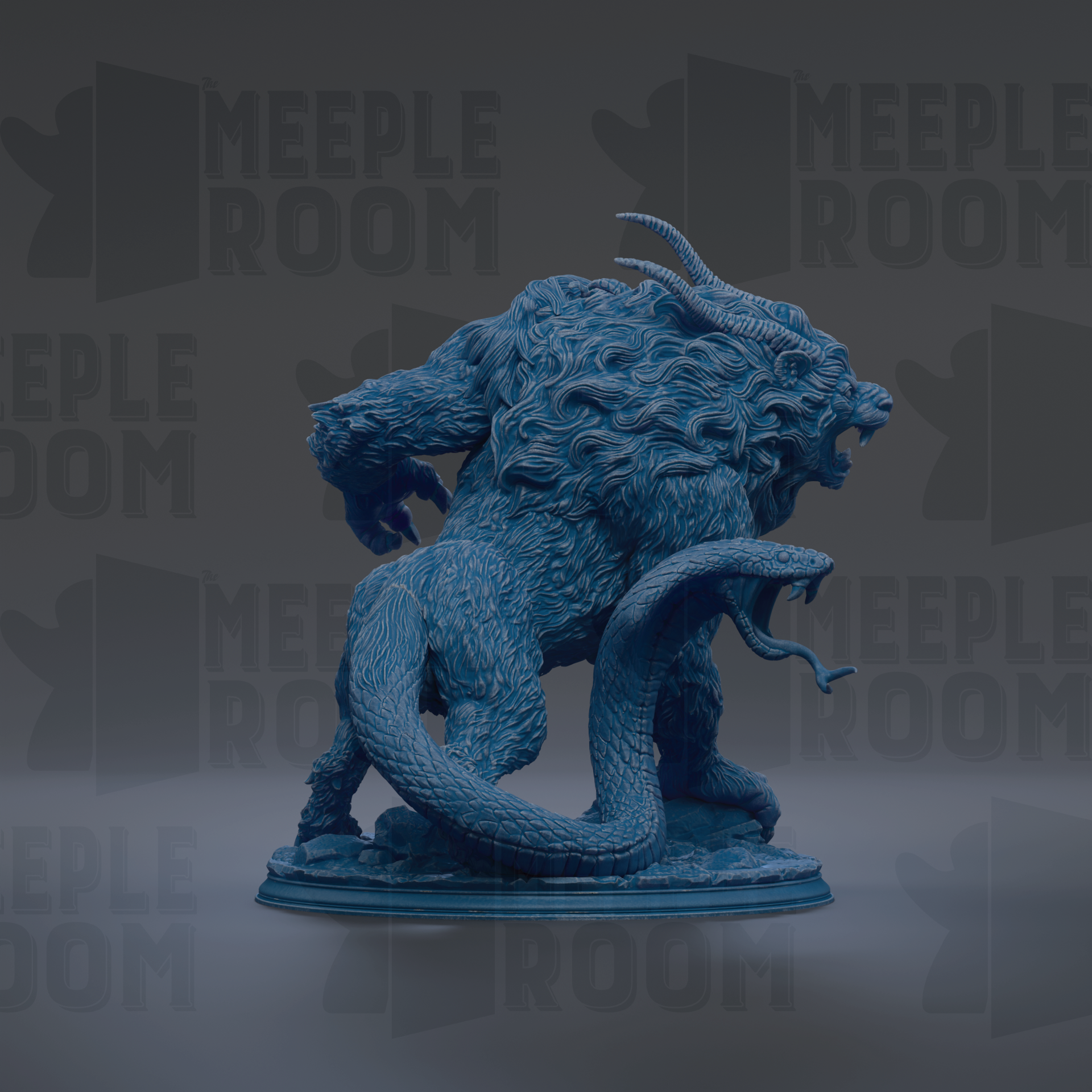 A blue, 3D-rendered statue of a fierce-looking creature with horns and a snake wrapped around its body, set against a dark background with repeated text.