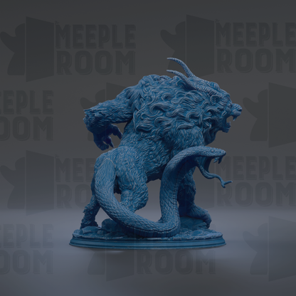 A blue, 3D-rendered statue of a fierce-looking creature with horns and a snake wrapped around its body, set against a dark background with repeated text.