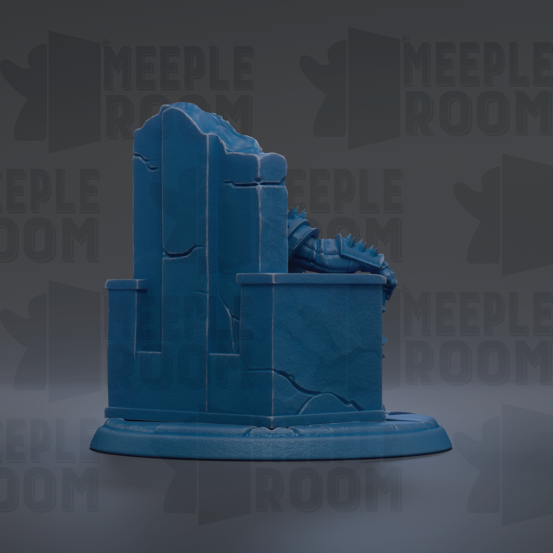 A blue, 3D-rendered statue of a structure or monument, with the text "MEUPLE ROOM" repeated in the background.