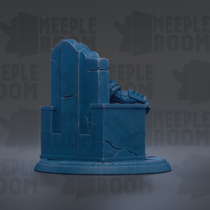 A blue, 3D-rendered statue of a structure or monument, with the text "MEUPLE ROOM" repeated in the background.