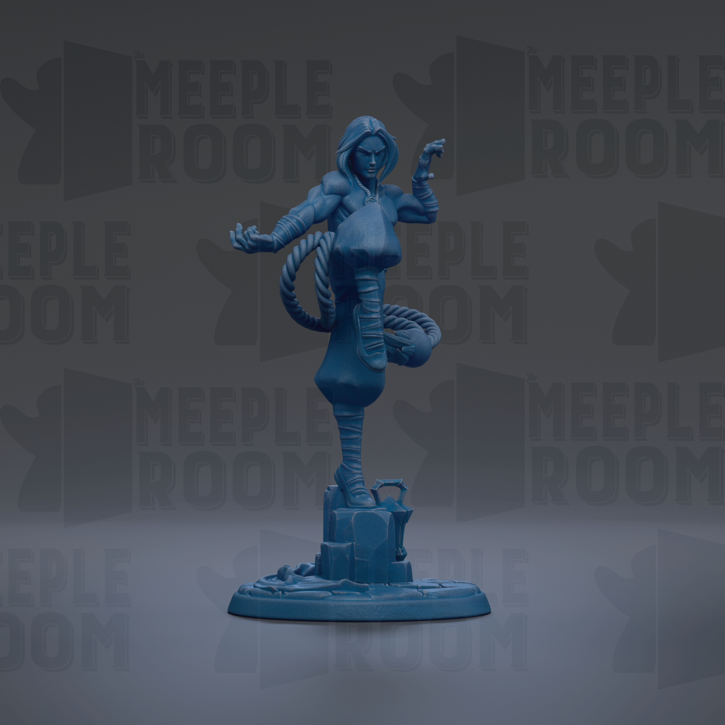 A blue figurine of a character with a rope around its neck, standing on a platform.