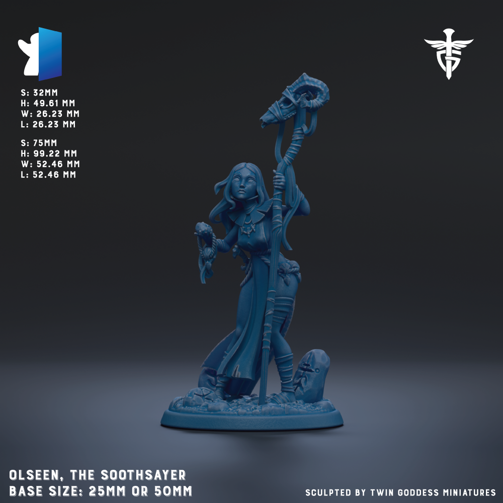 a figurine of Olseen, the Soothesayer, with a detailed and intricate design. The figurine is depicted in a dynamic pose, holding a staff and a staff-like object, possibly a staff or a staff-like weapon. The base size of the figurine is 25mm or 50mm, depending on the perspective. The image is a 3D rendering of the figurine, showcasing its intricate details and craftsmanship.
