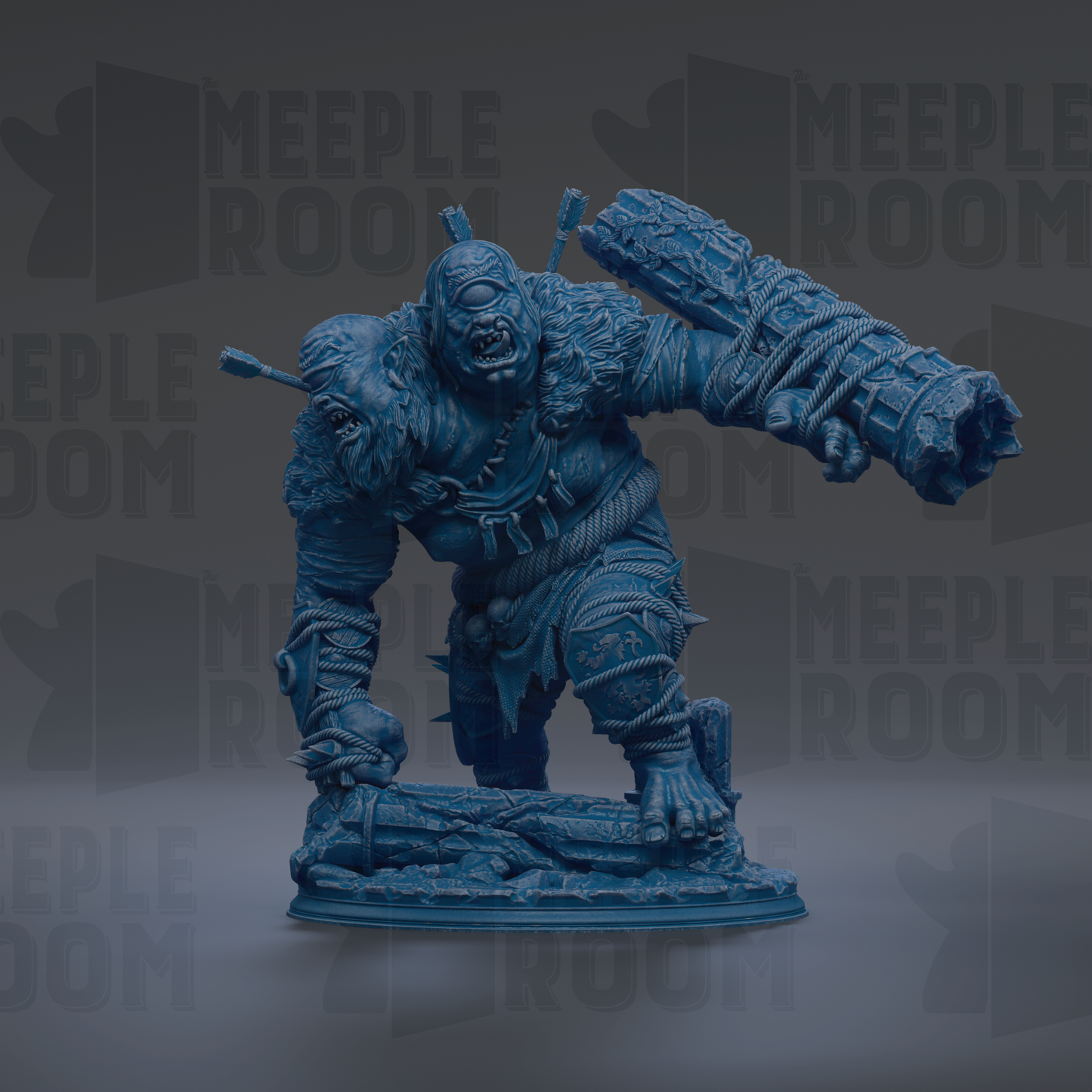 A blue, 3D-rendered statue of a fierce-looking, armored figure with a large weapon in its hand, set against a dark background with repeated text.