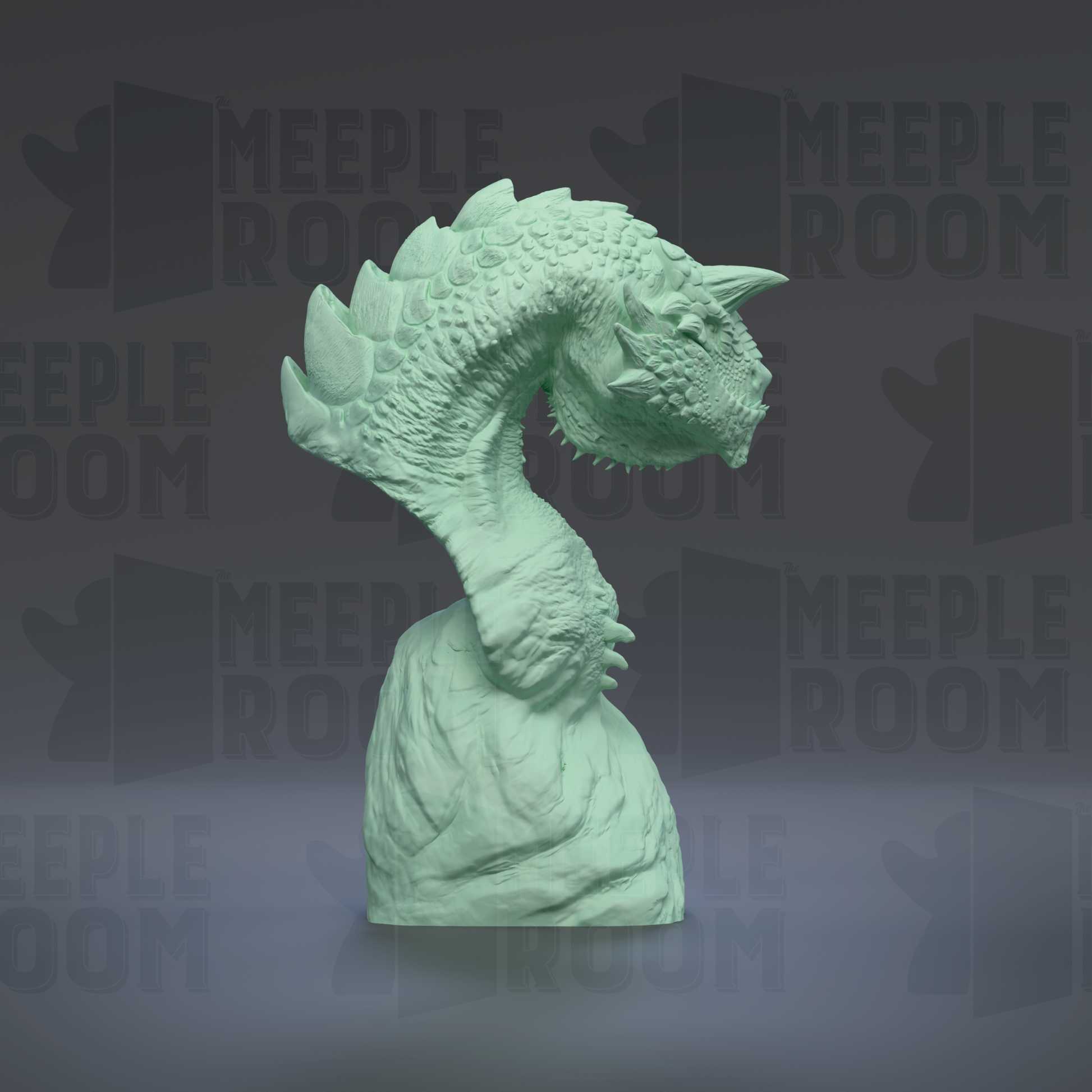 A green dragon statue is displayed against a dark background with repeated text.