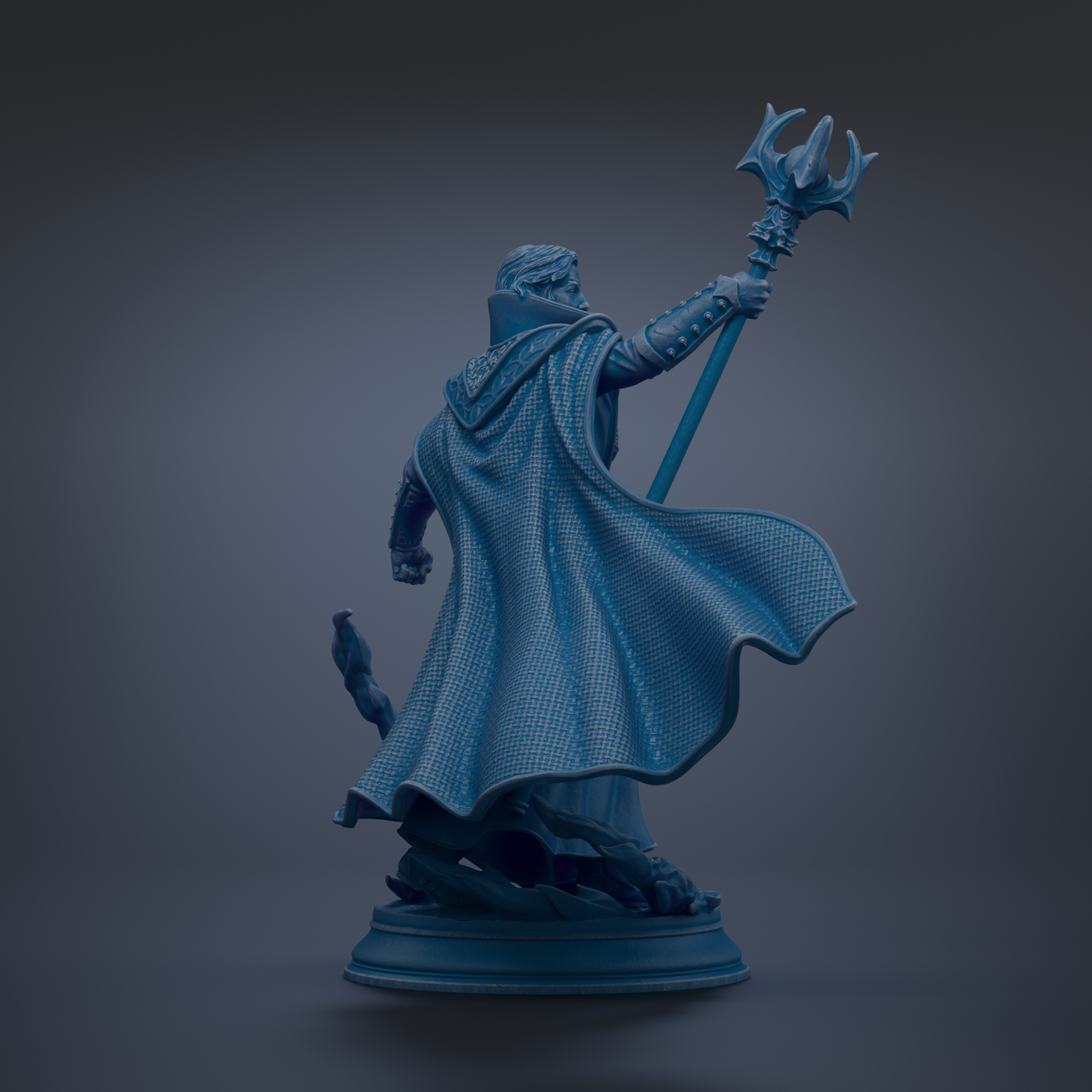 A 3D rendering of a figure holding a trident, standing on a pedestal.