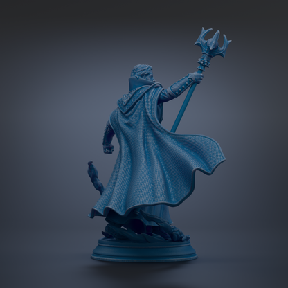 A 3D rendering of a figure holding a trident, standing on a pedestal.