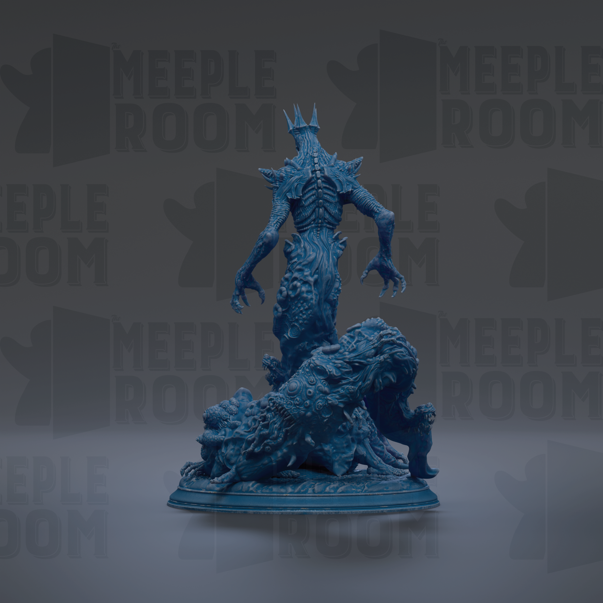 A blue, fantastical creature with sharp teeth and claws is depicted in a dynamic pose, standing on a pedestal.