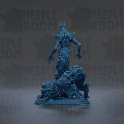A blue, fantastical creature with sharp teeth and claws is depicted in a dynamic pose, standing on a pedestal.