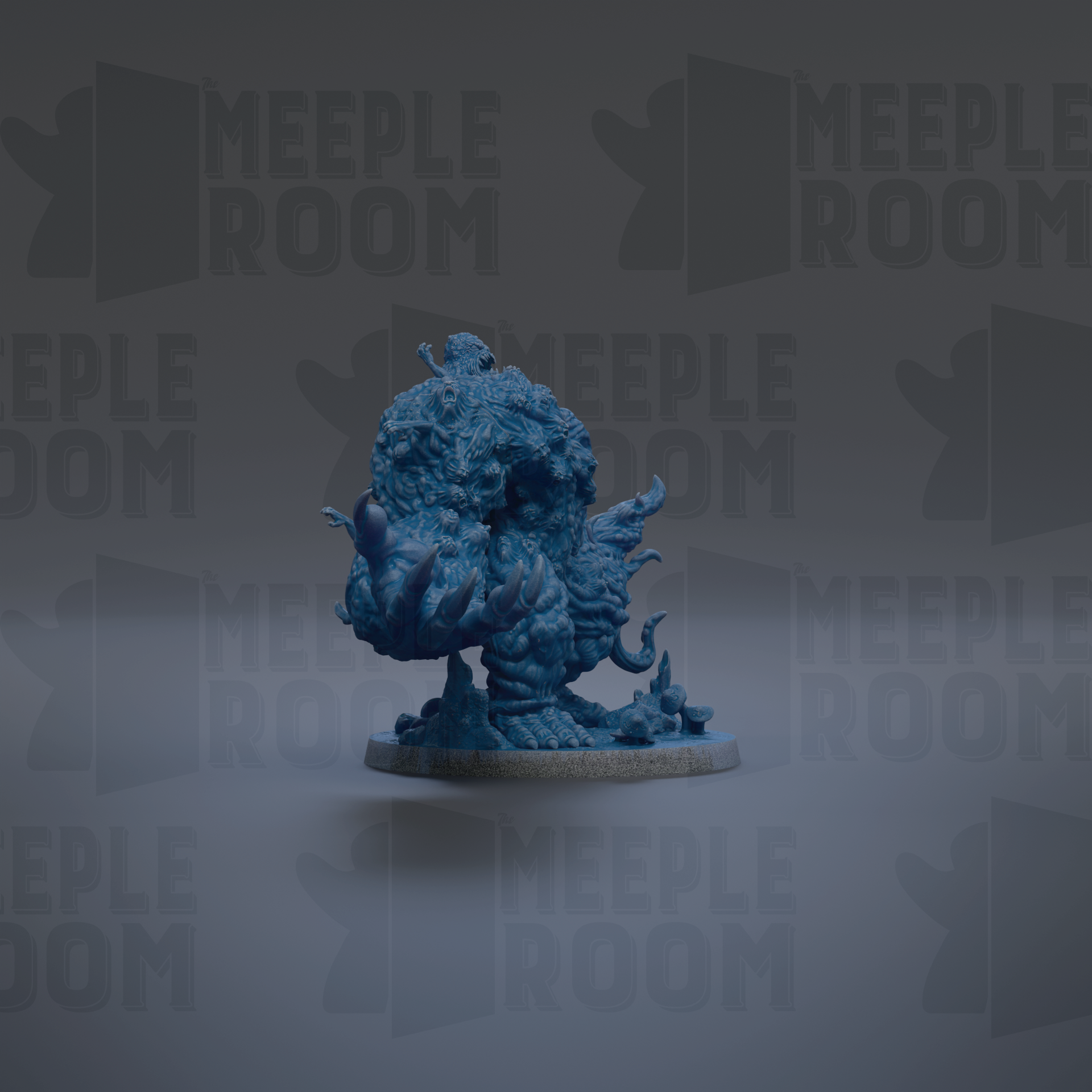 A 3D rendering of a blue, fantastical creature with a large head and long, curved horns, set against a dark background with repeated text.