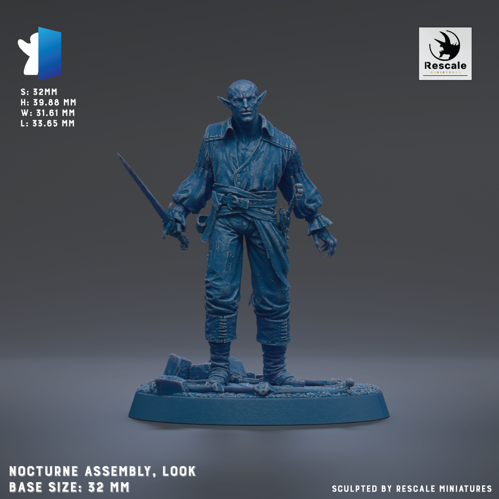The image is a 3D model of a character, likely a pirate or pirate-themed figure, displayed on a base. The character is wearing a pirate outfit and holding a sword. The image is labeled as a "Nocturne Assembly, Look" and is described as a "Base Size: 32mm". The image is also described as being "Sculpted by Rescue miniatures".