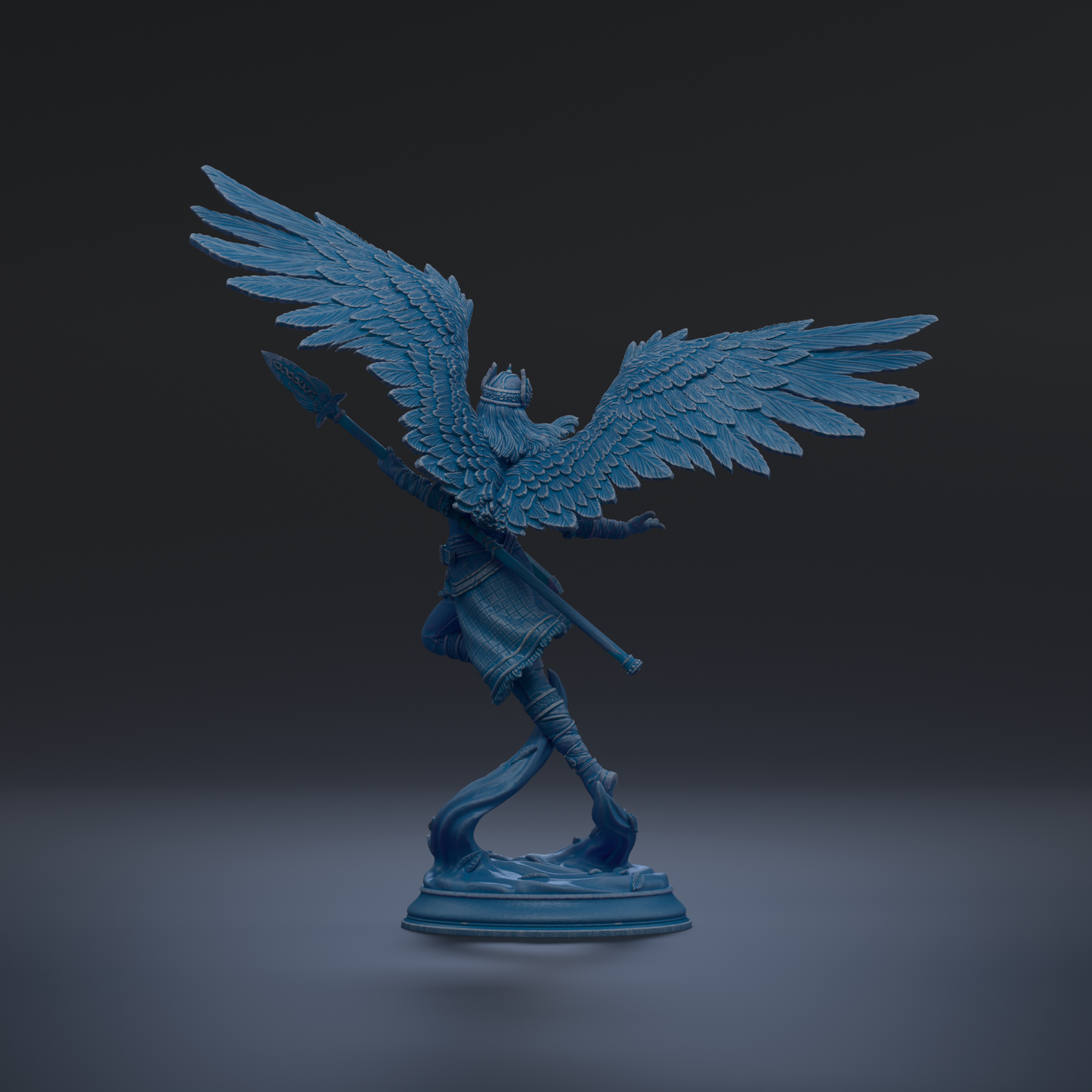 A blue statue of a winged figure with a sword and shield stands on a pedestal against a dark background.