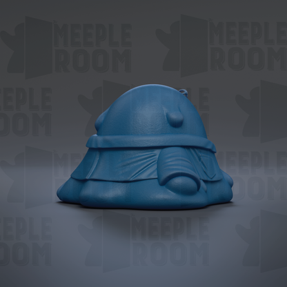 A blue, 3D-rendered object resembling a helmet or helmet-like piece, with the text "MEUPLE ROOM" repeated in the background.