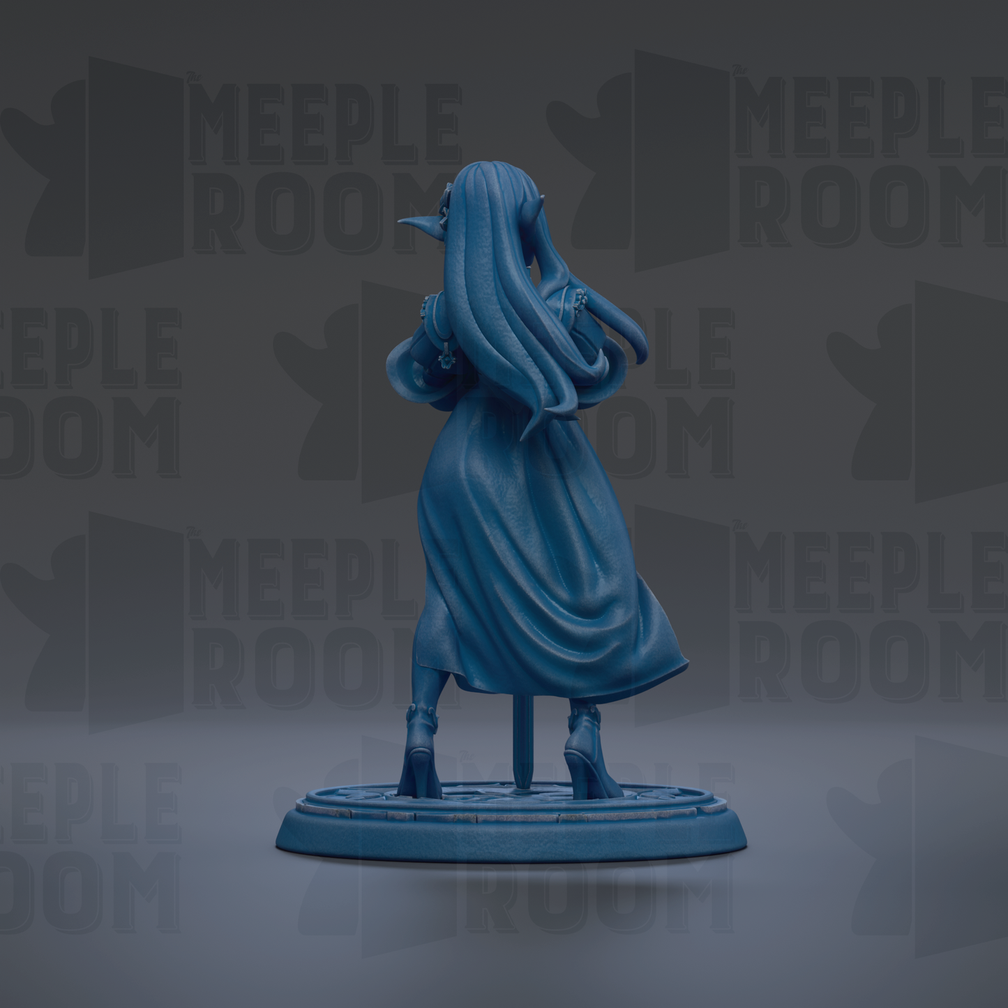 A blue figurine of a woman with long hair and a flowing dress stands on a base against a dark background with repeated text.