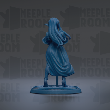 A blue figurine of a woman with long hair and a flowing dress stands on a base against a dark background with repeated text.