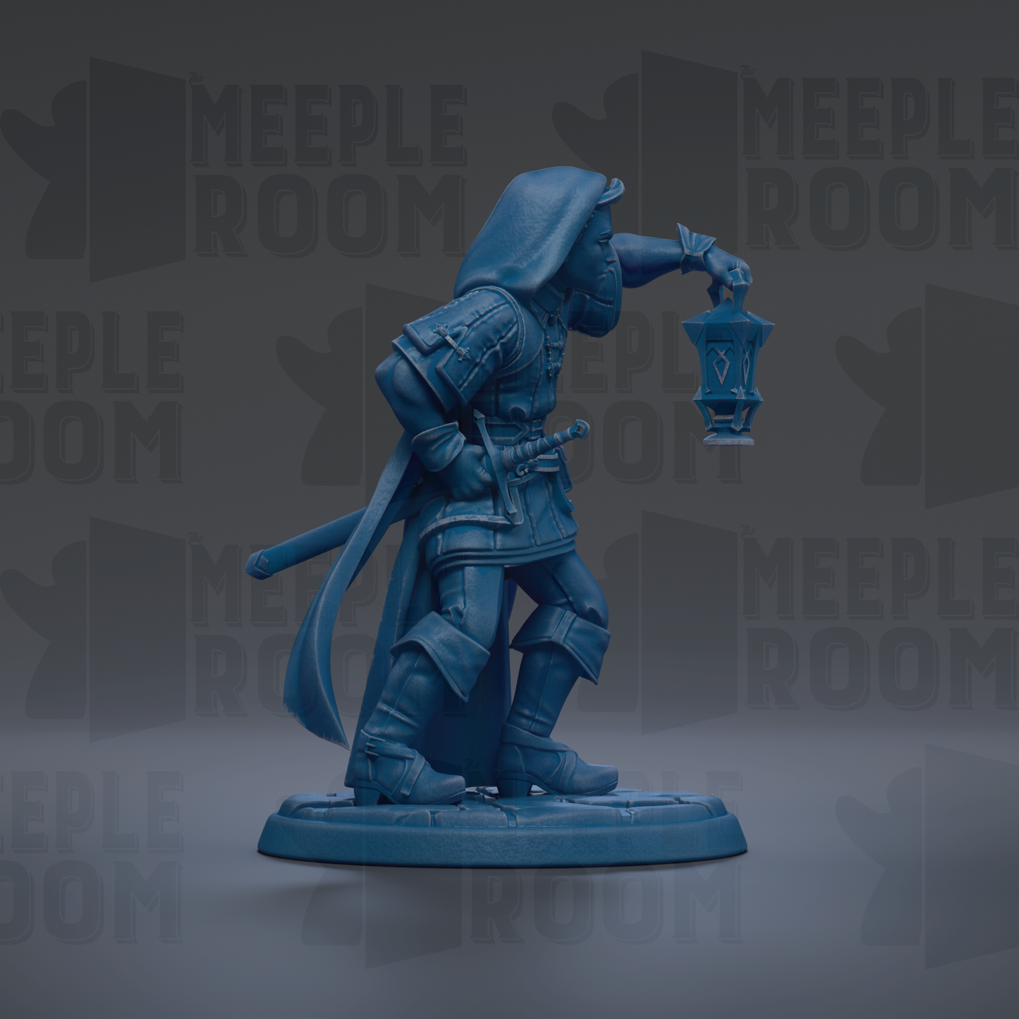 A blue figurine of a person holding a lantern, standing on a base.